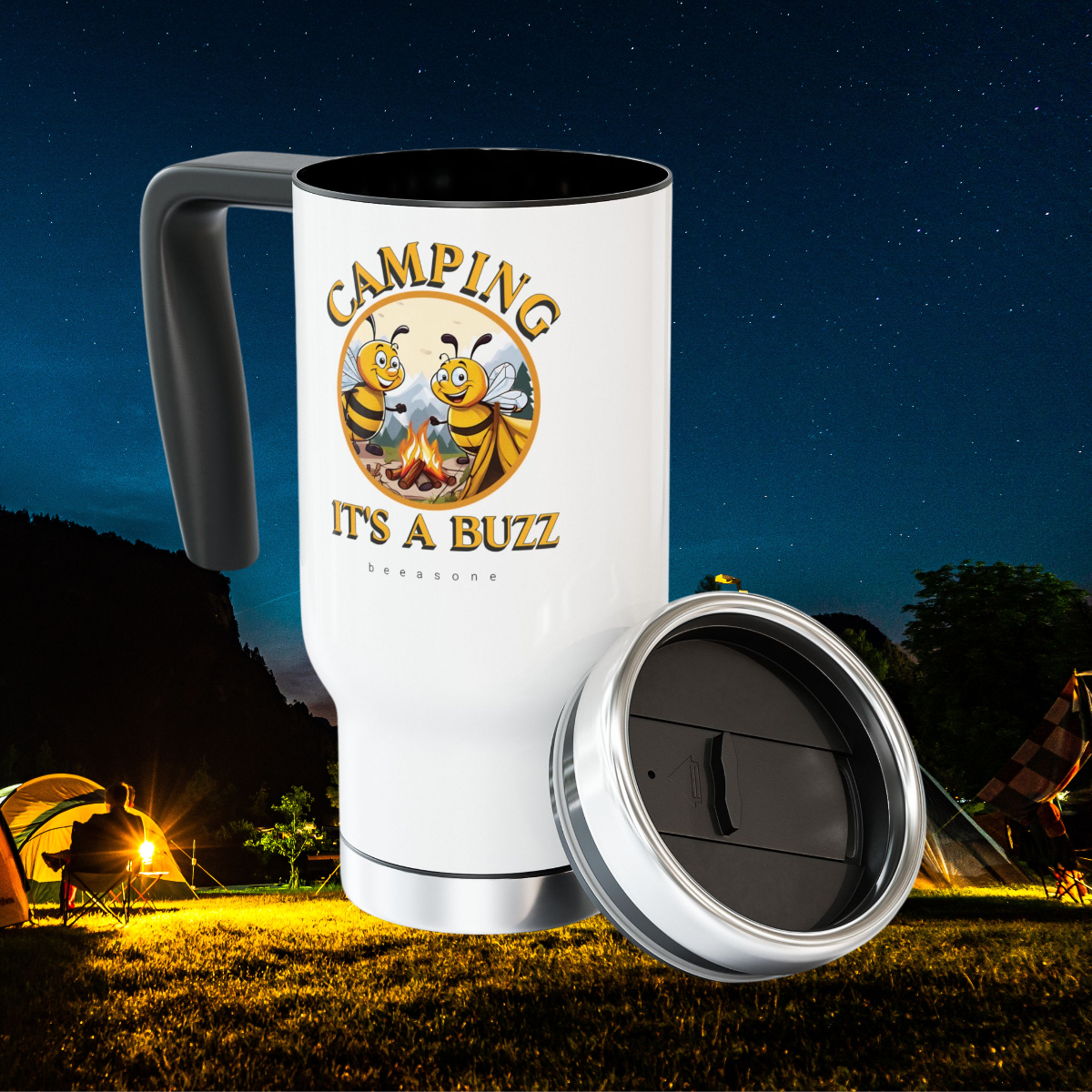 Love the great outdoors. Love camping. Love bees. Well, if you know someone who loves all three, then they are in for a great surprise when they unwrap their new hot or cold Camping travel mug present. You'll be so proud of yourself for buying a unique and trendsetting gift. Your recipient will love you forever, and we bees will be so hapbee for you both. Well done you and hugs and kisses from beeasone.com