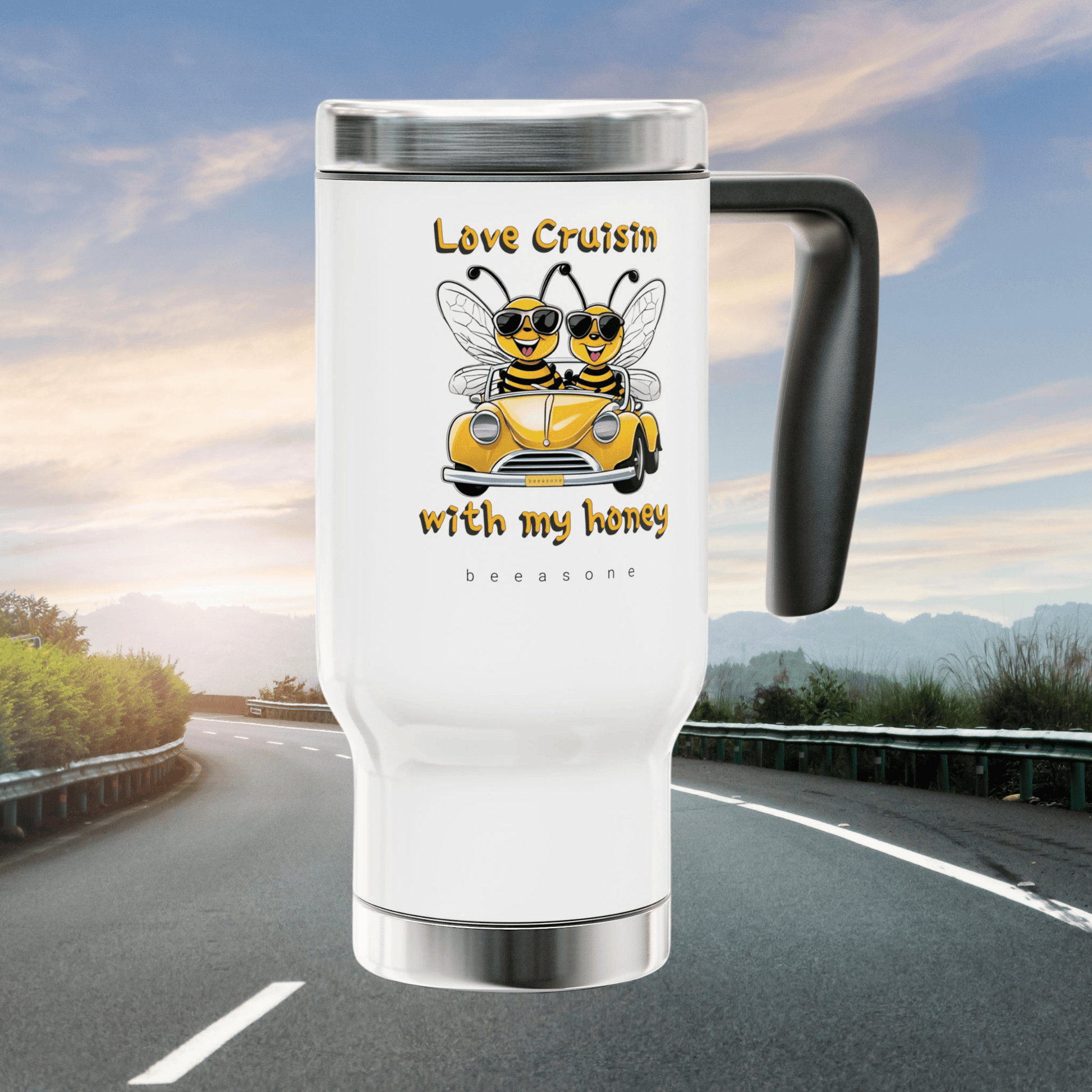 Love cruising along a country road.  Well, you'll both love taking this fun loving travel mug everywhere you go. Breathe in the fresh air and sip a hot coffee when you stop at a beautiful lookout to admire this wonderful world. Then while taking in the view, you will start thinking to yourselves, "You know. we're pretty cool people and this travel mug from beeasone.com is the one thing that actually captures who we are. I wonder what else beeasone.com has on their website".