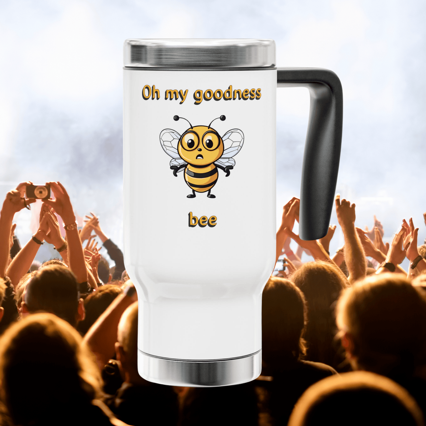 Why are so many people clapping and cheering the bees? Well why not as the bees are the earth's canaries. So get behind them and make a difference. The response has been so amazing that a special edition Oh My Goodness Bee travel mug is now available from beeasone.com. It's a cool hip comfortable hot or cold travel mug