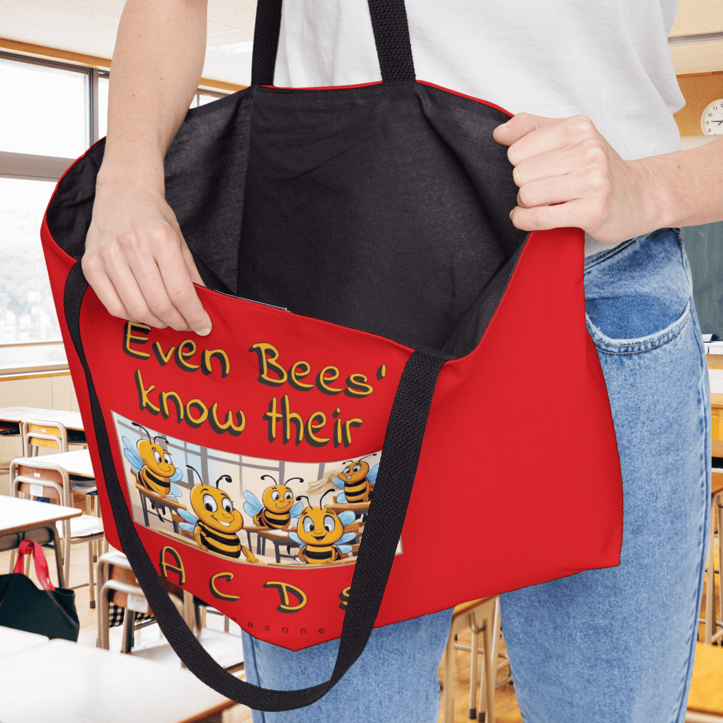 Spelling bee beeasone travel tote bag redish with blak strapp