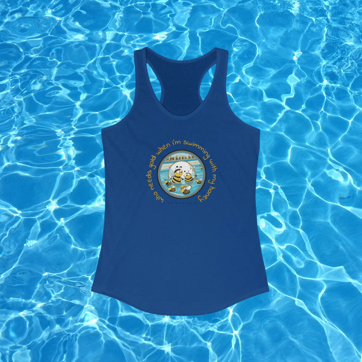 Love this tank top. It's designed for around the pool or to put over your top while having a quiet dip in a matching luxurious pool in the Caribbean or in your neighbor's pool when they go on holidays. Disclaimer - do ask them first as we are not suggesting that you just drop on by next door when your neighbors are away dressed in your new trendy hip cool beeasone tank top with a champagne in one hand and caviar in the other.  Sorry, got carried away. Gotta go, the Queen's looking for me AGAIN!! C Ya