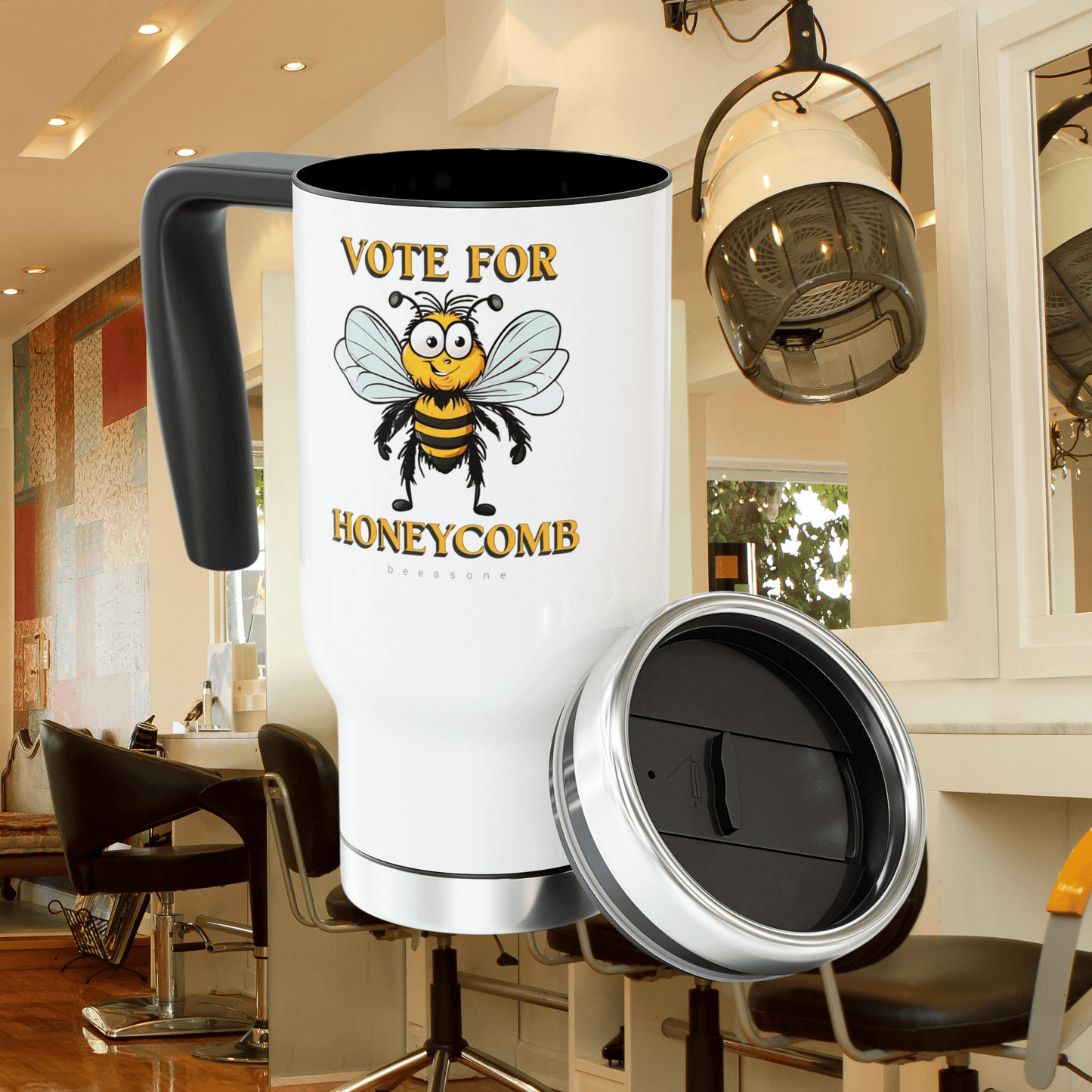 If you have had a bad hair day, then vote for Honeycomb, our hive's oldest and dearest member. Bee's bed hair can drive us crazy, and the best solution is just to have a laugh, sip a nice coffee and get on with the day. This travel mug is perfect for hot or cold drinks and is a great conversation starter and fun gift from beeasone.com and authorized outlets