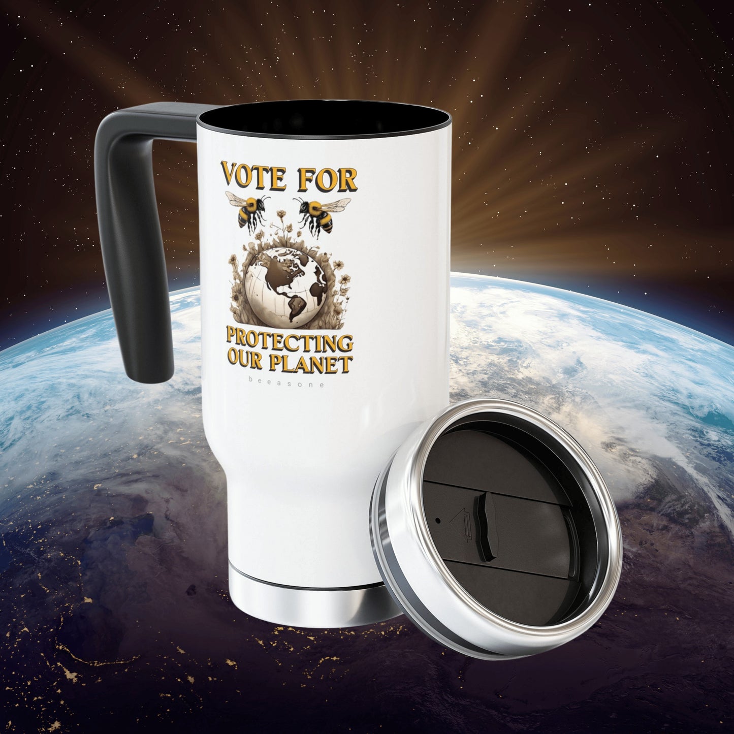 Vote for protecting our planet beeasone Stainless Steel Travel Mug with Handle, 14oz (410mls)